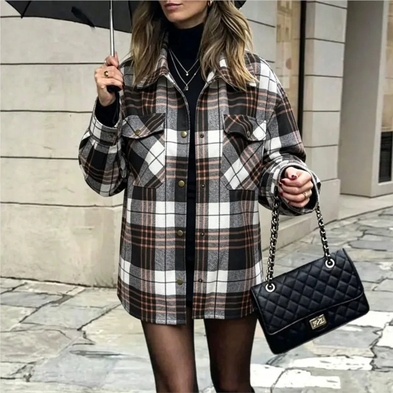 Women's Plaid Jacket Coat New Long Sleeve Lapel Button‑Up Shirt Coats Casual Loose Pocket Outerwear Fall Winter Coats Clothing
