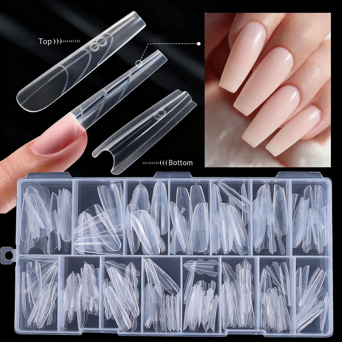 

180pcs New Sandwich Nail Extension Mold Interlayer Dual Nail Forms Easy To Shape Oval/Coffin Mixed 15 Size Prolong Tool 2030