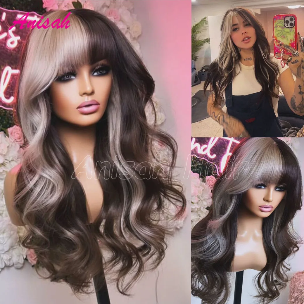 Highlight Wig Human Hair Ombre Ash  Blonde Colored 5X5 Lace Closure Wigs For Women 13x4 Body Wave Lace Front Wig with Bangs