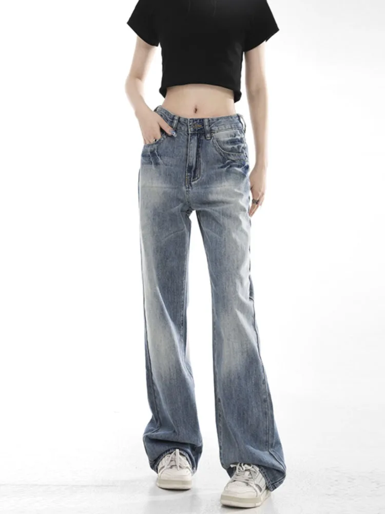 

High-waisted Fashion Flared Jeans Women's Vintage Baggy Gradient Color Basics Pants Chic Autumn High Quality Denim Trousers