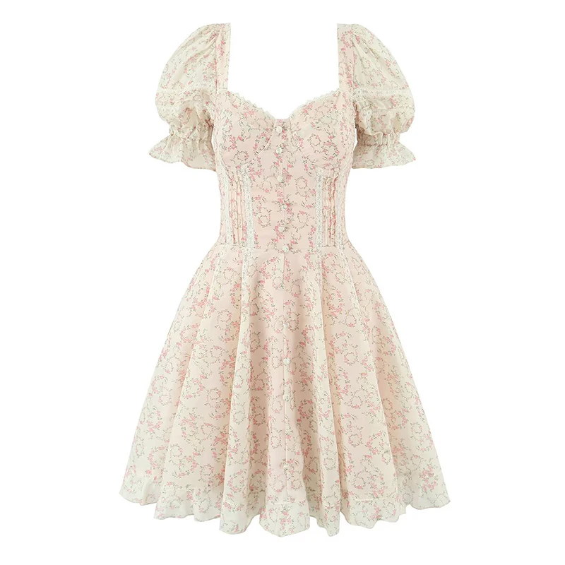 

Jastie Elegant Women Lace Spliced Floral Print Summer Dresses Vintage Puff Sleeve Bow Sashes A-line Mini Dress Party Robe 2025