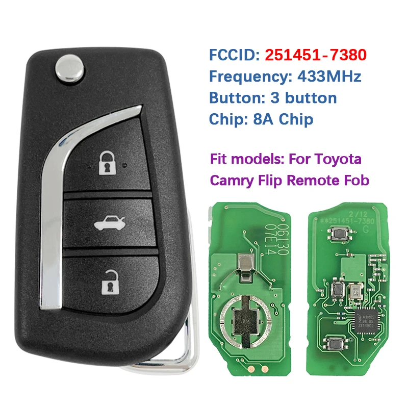

CN007383 Оригинальный откидной ключ для печатной платы, 3 кнопки, 433/434 МГц, 8A чип 12BGH PN 251451-7380 для Toyota Camry 2018