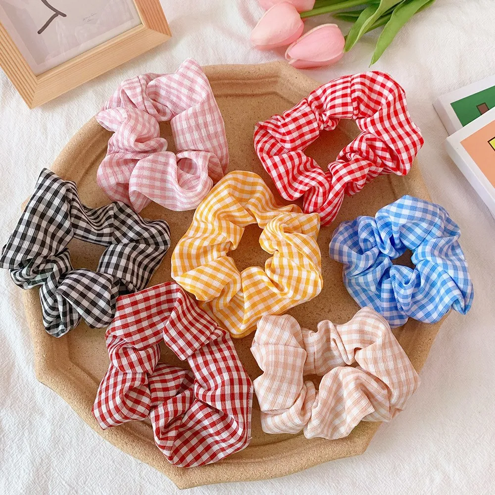 Fashion Women Scrunchies Plaid Pattern Candy Color Girl Hair Ties Polyester Ponytail Holder Vintage Female Hair Accessories 