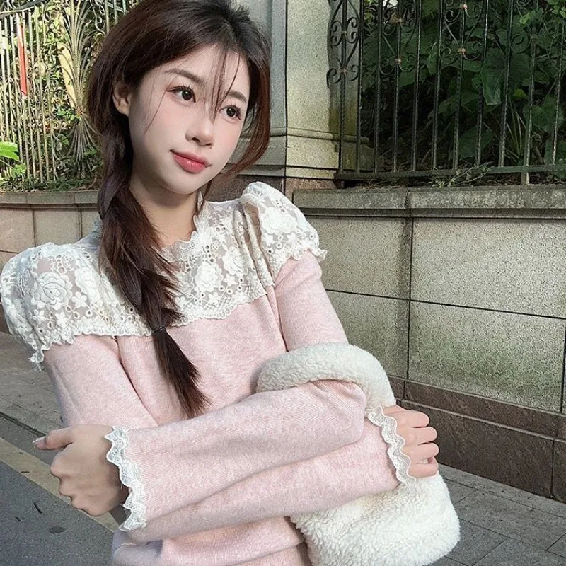 

Women Clothes Autumn Winter Fashion Casual Lace Patchwork Knitting Solid Color O-neck Women Young Style Slim Pullovers Cardigan