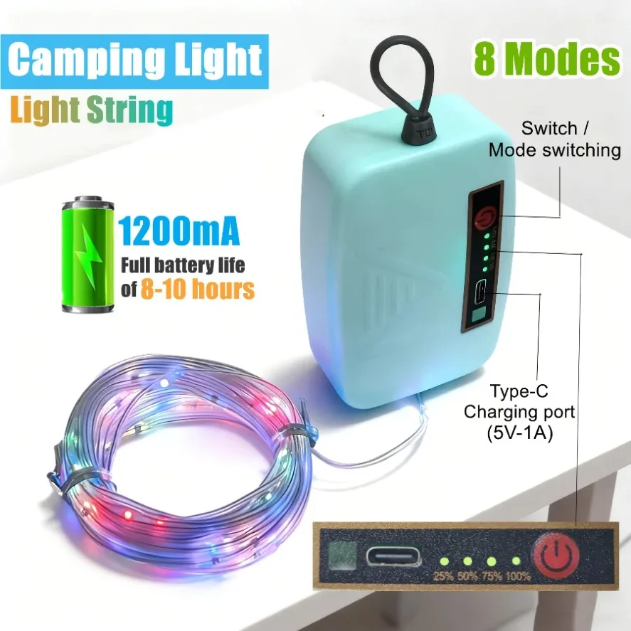 8 Modes Portable Camping Solar Light String Rechargeable 8M Warm RGB Indoor Atmosphere Light Outdoor Tent Light Strip Decorative