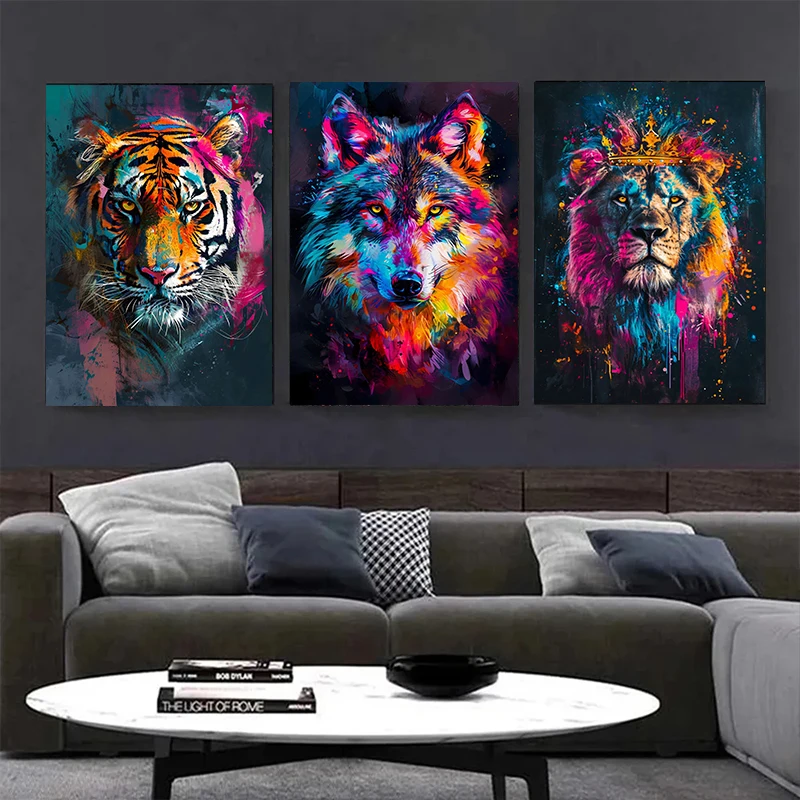 1pc frameless Abstract Graffiti Lion Eagle Wolf Tiger Colorful Animal Poster Print Canvas Painting Wall Art Picture for Living R