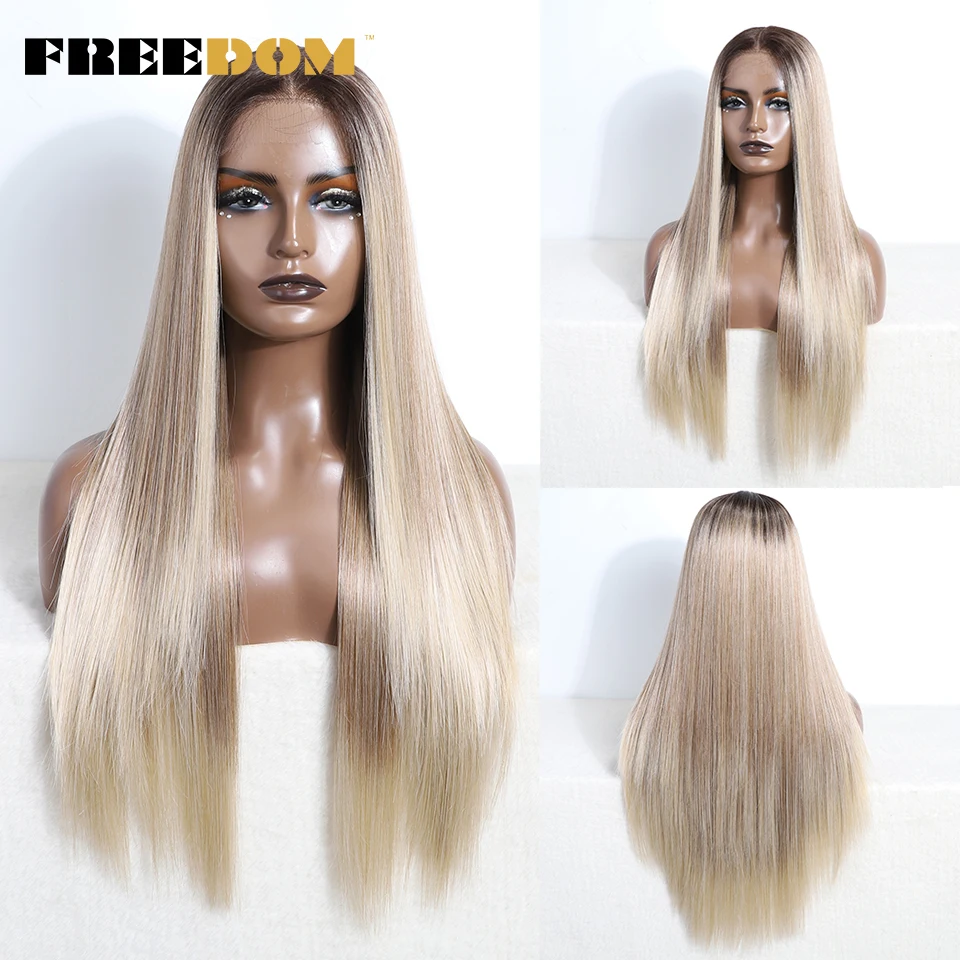 FREEDOM Straight Synthetic Lace Front Wigs For Women Ombre Brown Red Blonde Lace Wig 28 Inch Heat Resistant Cosplay Wigs