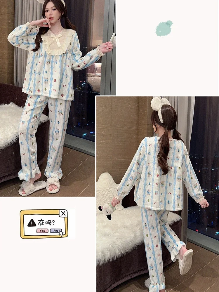 Plus Size Autumn Winter Warm Pajama Set Women Soft Flannel Fleecing Home Clothes Korean Sweet Thick Coral Long Sleeve Sleepwear