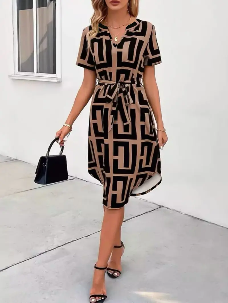 Women's Minimally Designed V-neck Short Sleeve Dress Waist Cinched Comfortable Drape Daily Commuting Medium-Length Dress