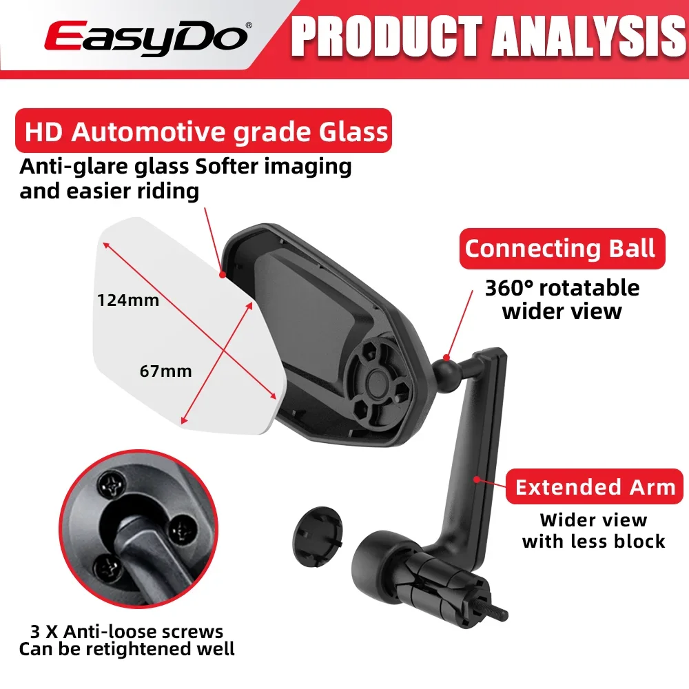 Easydo-自転車のバックミラー、アンチグレアHDミラー、大きく拡張されたドロップバー