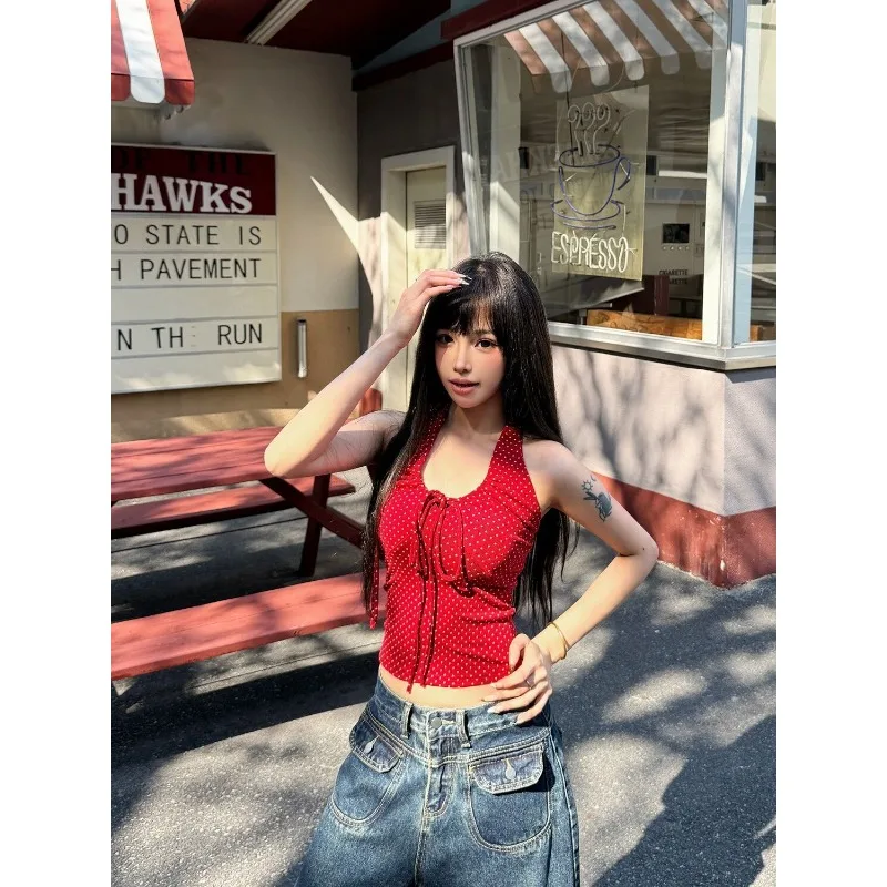 Spice Girl Red Polka Dot Strap Neck Sling Vest Women's Summer New Pure Desire Foreign Slim Slim Short Top