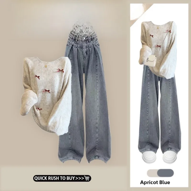 

Korean Sle 3D Knot Knitted Sweater Loose Wide Leg Jeans Women's Winter Faion Set Casual Comfortable Two-Piece O...