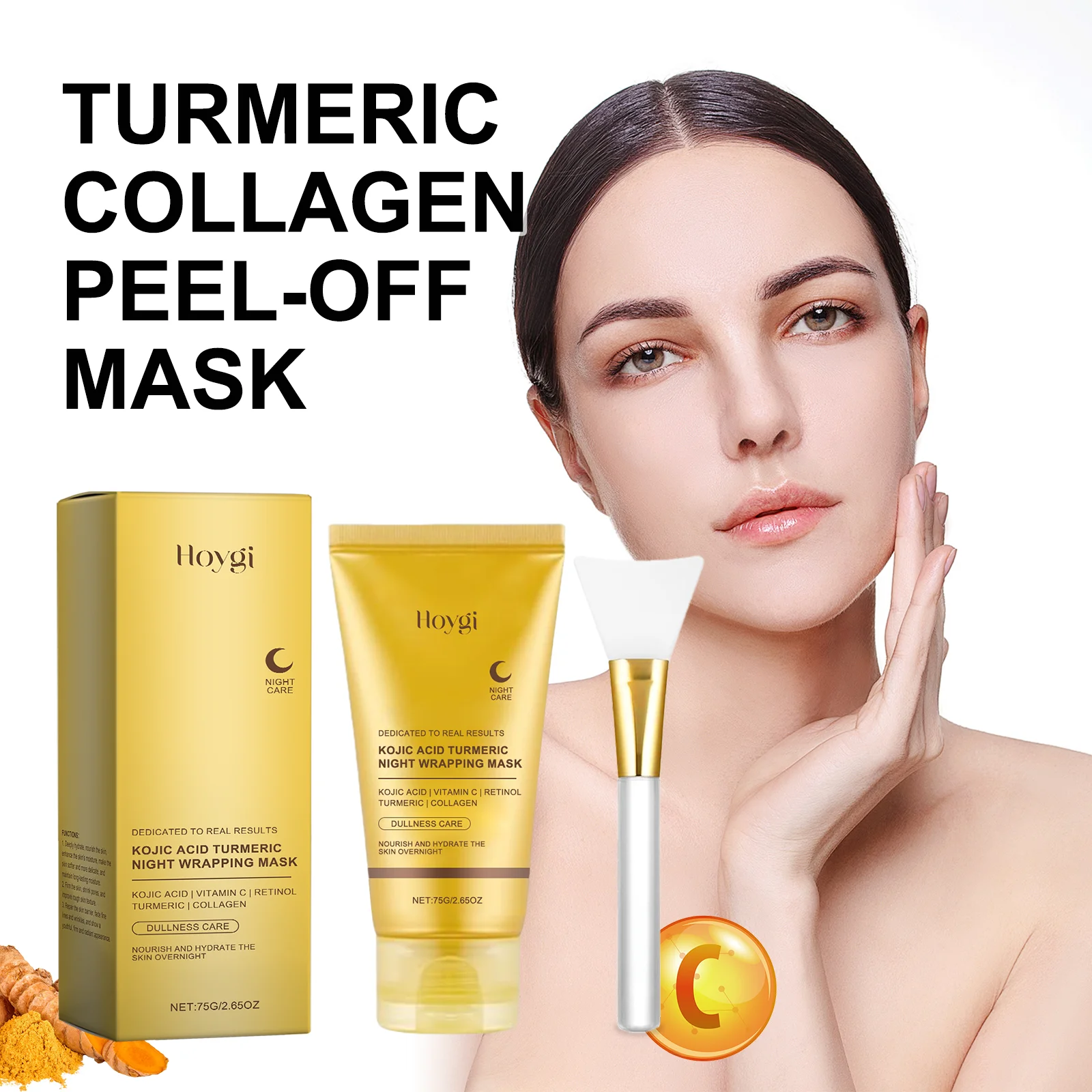 

Хойги Куркума Коллагеновая отшелушивающая маска для лица для глубокого очищения, подтяжки кожи, увлажнения, смягчает текстуру с аппликатором, 75 г