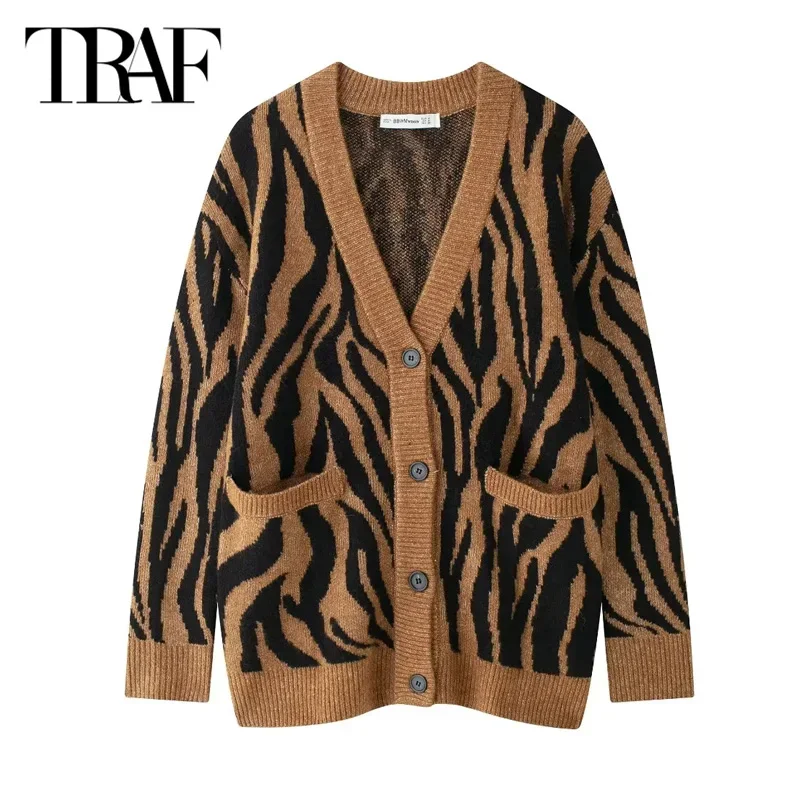 TRAF Autumn Leopard Cardigan For Women 2024 Winter Knitted Long Sleeve New In Sweater Coats Printed Female Knitwear Outerwears