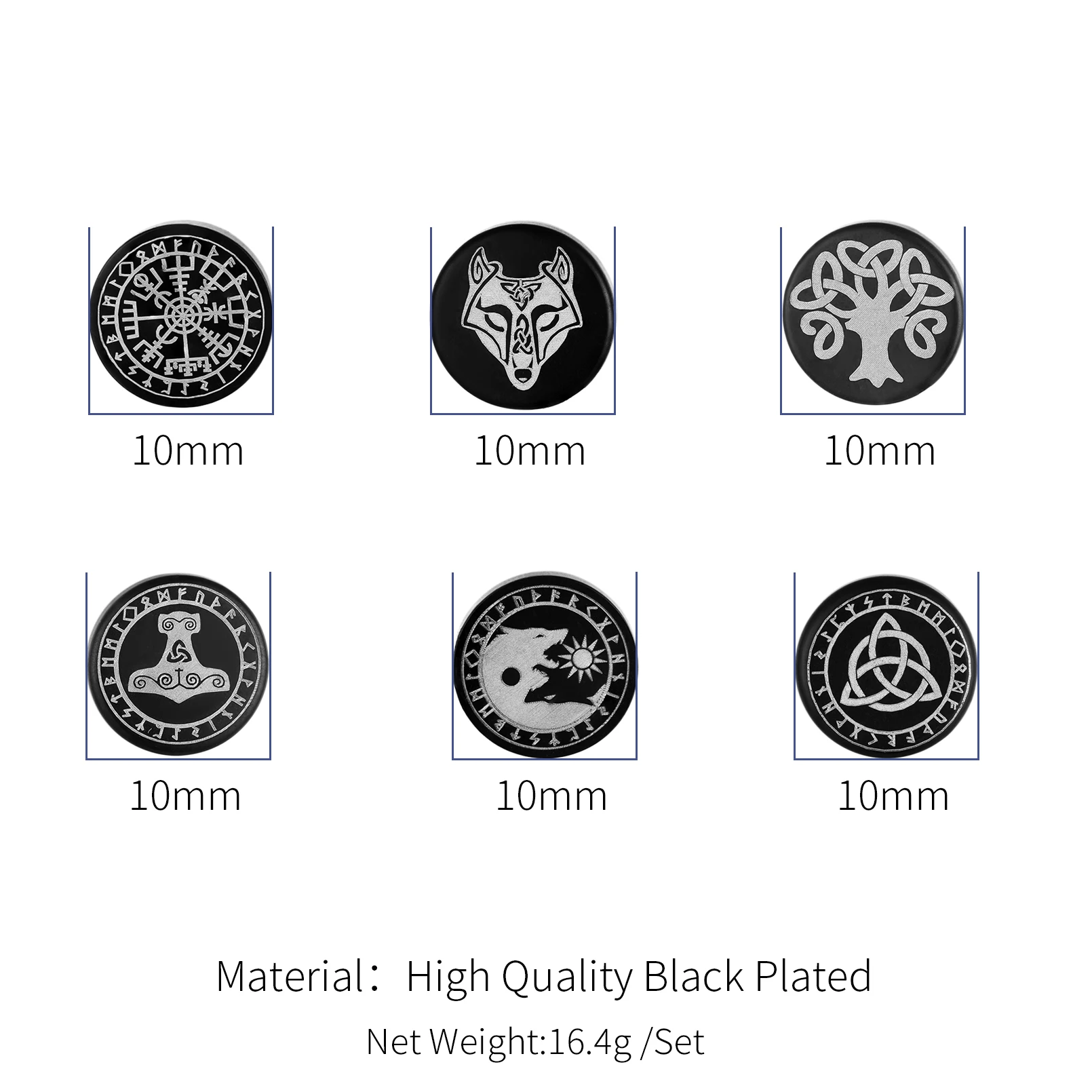 6pairs/set Black Round Stud Earrings Skull Celtic Cross Star of David Viking Wolf Tree Fighter Eye of Horus Unisex Jewerlry QC24