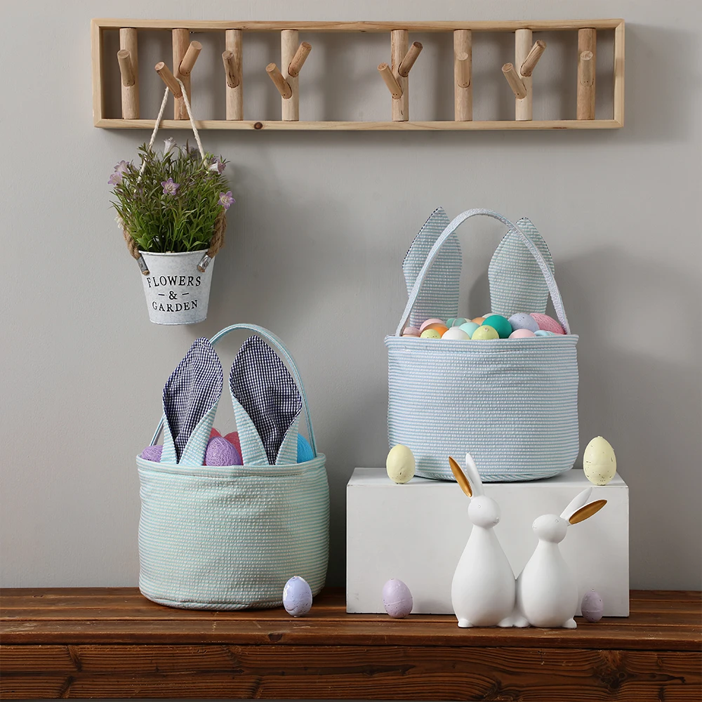 Seersucker Easter Bucket Plaid Bunny Ears Basket Babies Kids Boys Girls Egg Hunt Carrying Gift Bag Toys Party Decoration Handbag