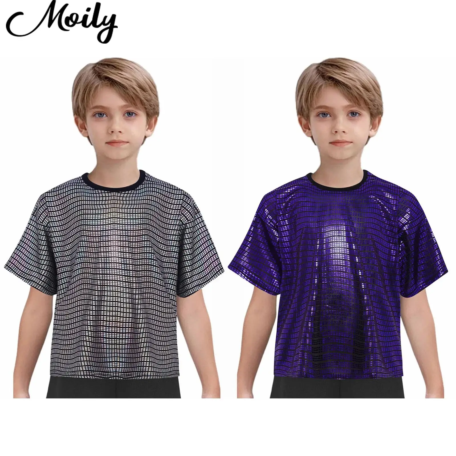 

Kids Metallic T-shirt Girls Boys Carnival Disco Cosplay Party Costume Short Sleeve Loose Top for Hip-Hop Jazz Stage Dancewear