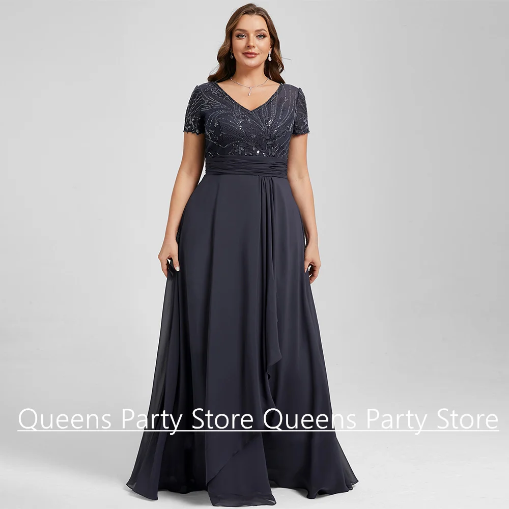 Navy Plus Size Mother of The Bride Dress Customized Short Sleeves V Neck Sequined Applique Chiffon A Line Wedding Guest Gown