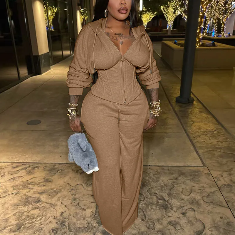 Streetwear casual agasalho mulher conjunto de duas peças desportivo zíper com capuz rendas bandagem espartilho jaqueta e moletom conjuntos combinando