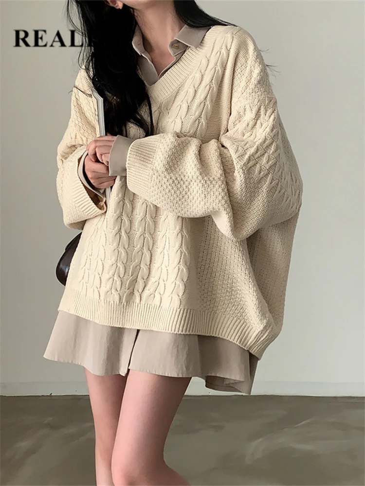 

REALEFT Autumn Winter Vintage Oversize V-Neck Women's Sweater 2023 New Casual Loose Long Sleeve Sweaters Knitted Pullover Female