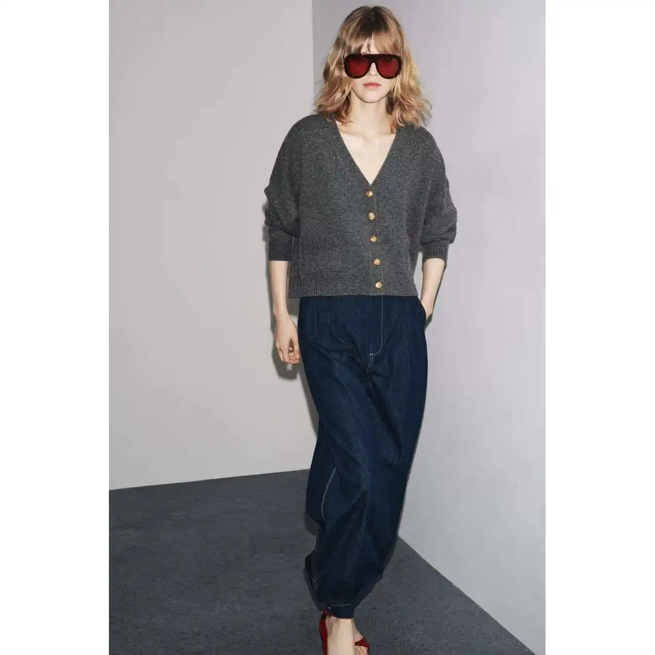 ZBZR Otoño Nuevo Cárdigan de Punto de Manga Larga para Mujer, Cuello en V, Deco con Botones, Color Do, Cálido, de Fib...