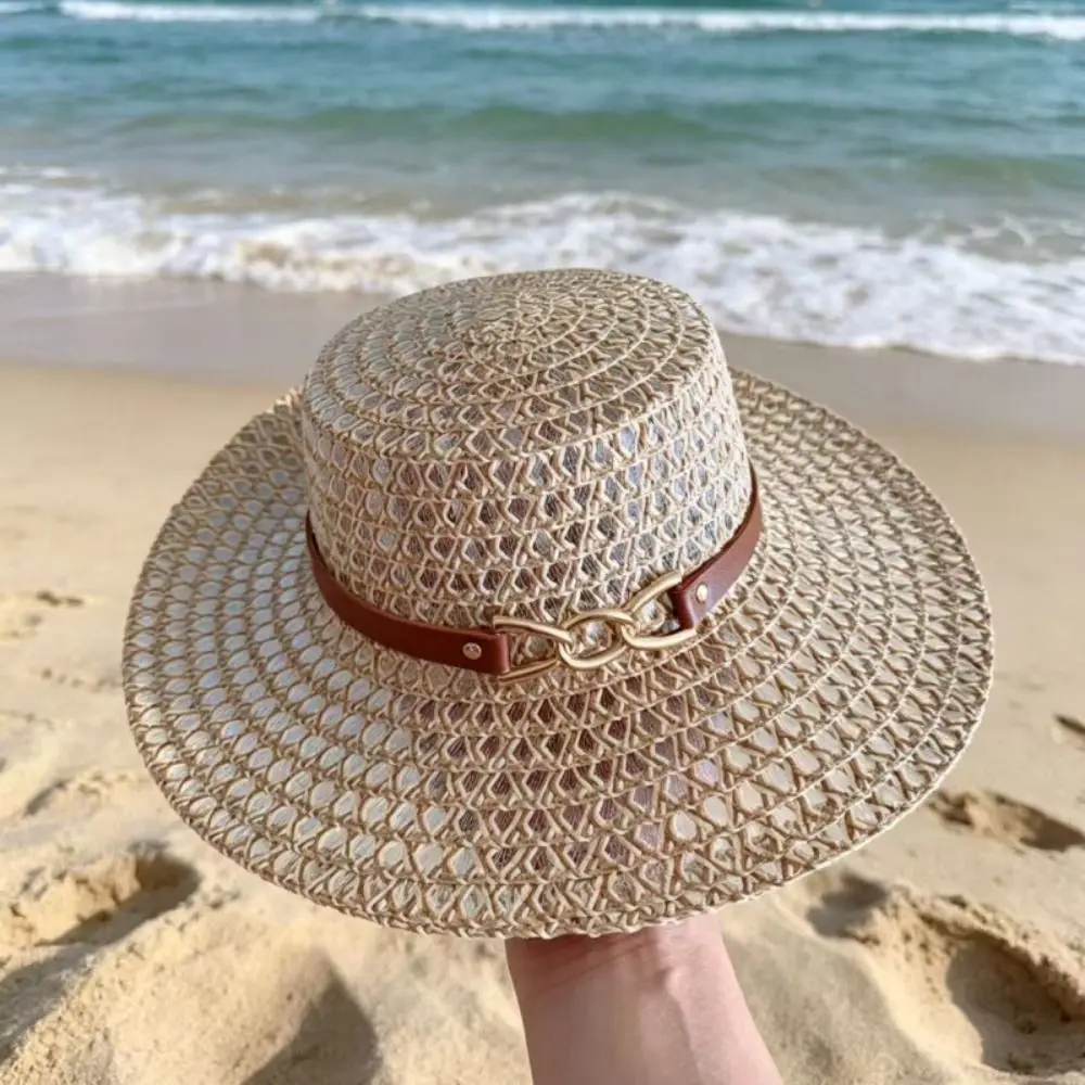 Versatile Buckle Decorated Band Straw Hat Hollow Out Breathable Flat Top Hat Flat Brim Flat Top Woven Sun Hat Outdoor Outing