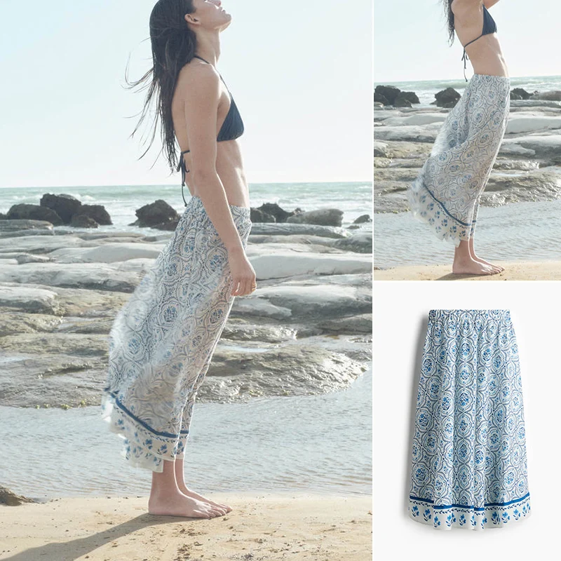 กระโปรงทรงเอเอวสม็อคผ้าโพลีเอสเตอร์ลายดอกไม้สำหรับผู้หญิงใส่ทำงานช่วงฤดูร้อน