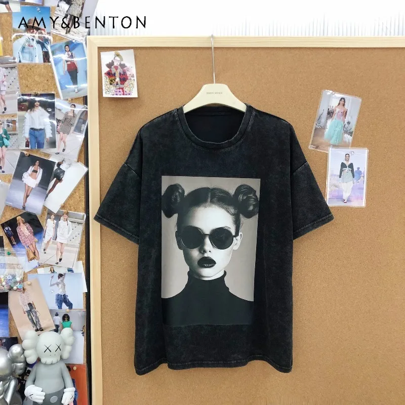 

Американская винтажная футболка из чистого хлопка с эффектом потертости, женская, новая, модная, с крутым принтом, черная, с коротким рукавом, в стиле Y2K