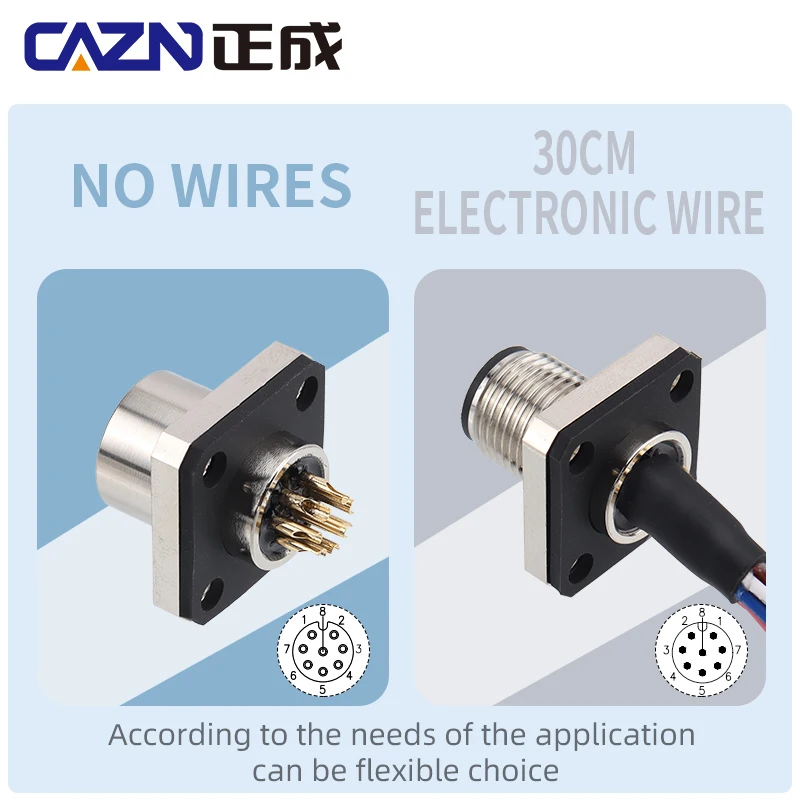 CAZN M12 Square Flange Socket Connector A B D Code 4pin 8pin Male Female Solder Cable Signal Circular Connectors With 30cm Wire