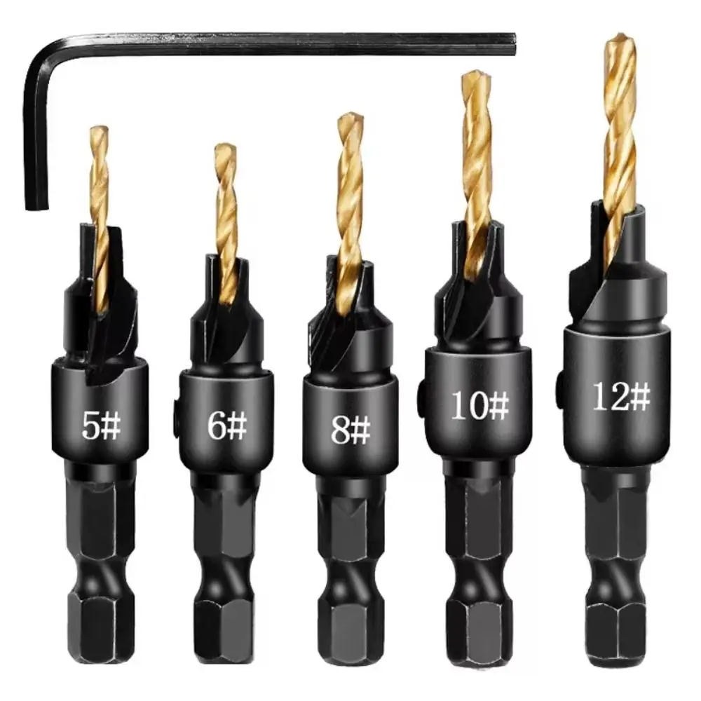 One-piece Woodworking Drill Bit Set HSS 1/4 Hex Shank Conical Drill Bit with Wrench Punching and Positioning