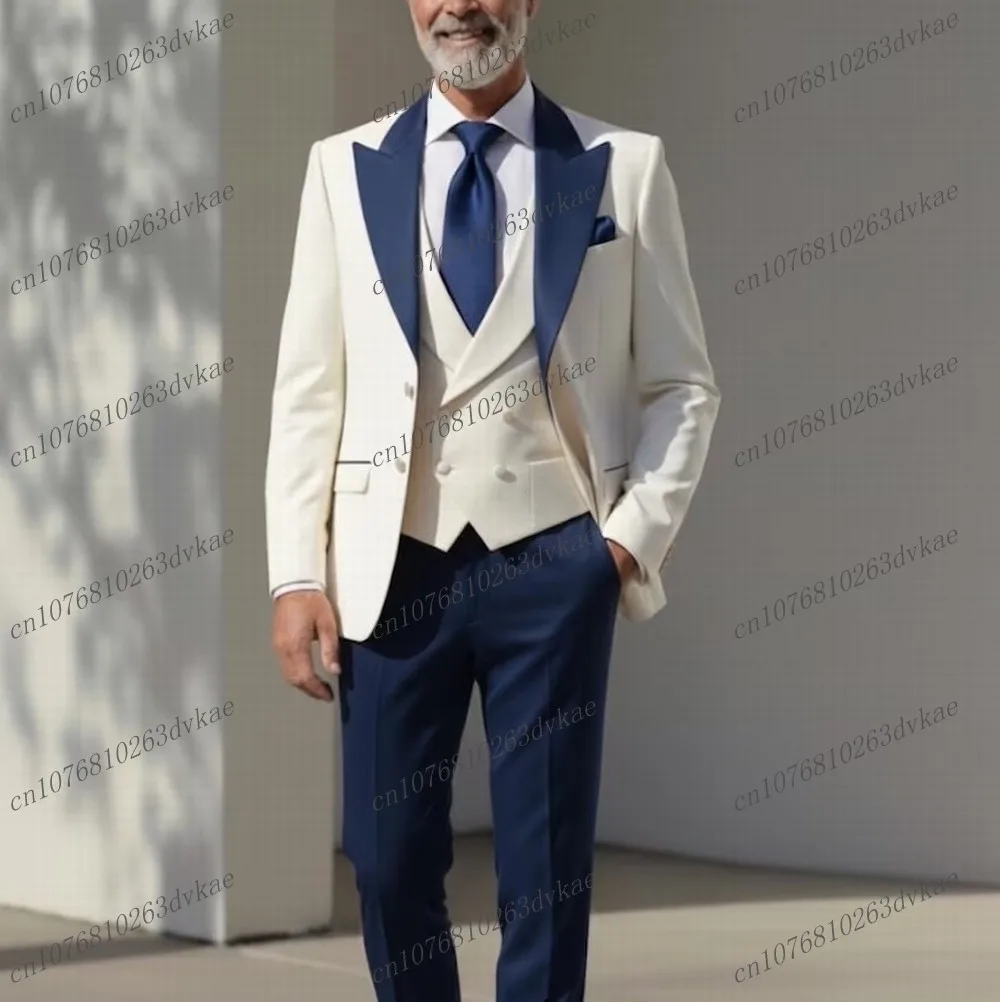 

New Navy Blue And White Men Suit Wedding Party Formal Groom Groomsman Prom Business Male Tuxedos 3 Piece Set Jacket Vest Pants