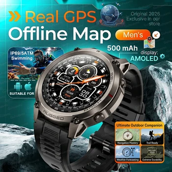 2026 Nowy Smartwatch GPS dla Mężczyzn z Wyświetlaczem AMOLED, Mapami Offline, Kompasem, Funkcjami Sportowymi, Monitorowaniem Zdrowia, Wodoodpornością 5ATM, Bransoletka do Pływania
