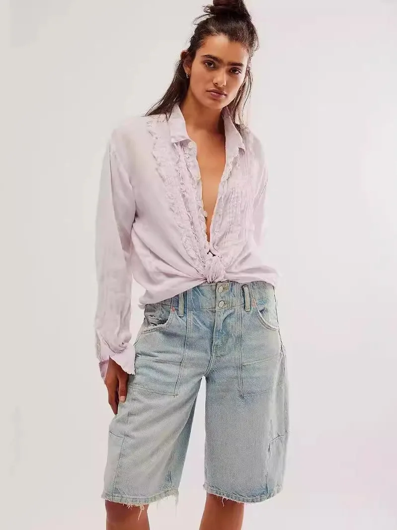 قميص نسائي فضفاض بياقة دانتيل وأكمام طويلة، نمط كاجوال من القطن الخالص، قميص مريح مناسب لموسم الخريف