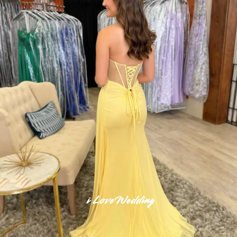 Amarelo sem alças vestidos de noite 2025 sem mangas sem costas sereia até o chão lado split plissado vestido de festa de casamento personalizado