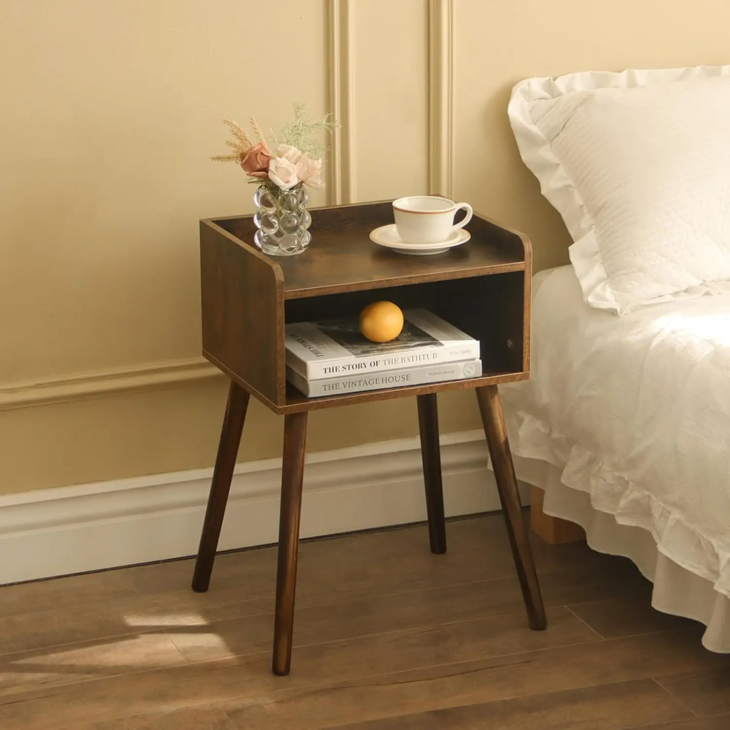 

Mid Century Modern Side Table Bedroom With Storage, Small End Bedside Table With Solid Wood Legs For Living