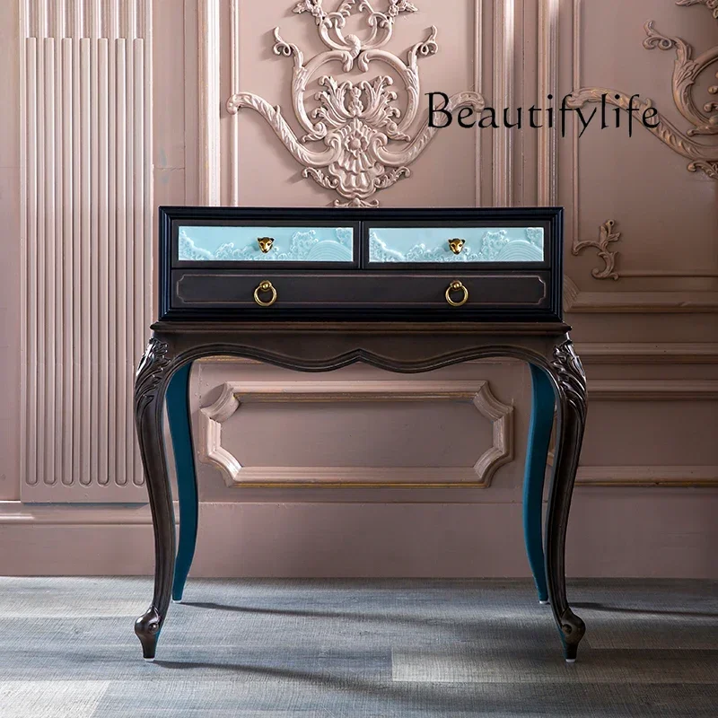 F French Chinese Style Solid Wood Carving Flower Bedside Table Solid Wood Retro High-end Contrasting Color Side Cabinet