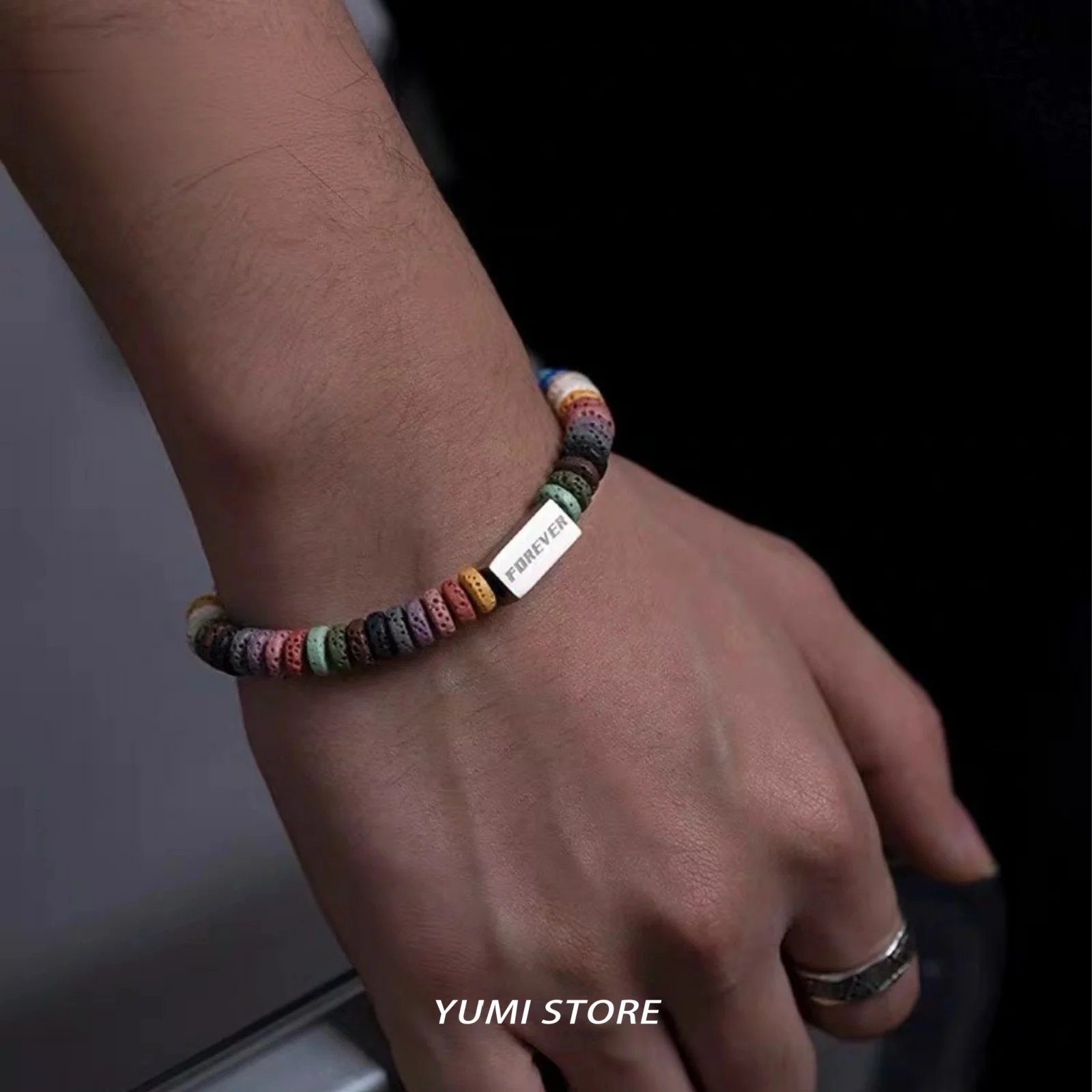 Vintage Y2K Colored Volcanic Stone Bracelet For Man Woman Trendy Titanium Steel Pendant Splicing Natural Stone Couple Jewerly