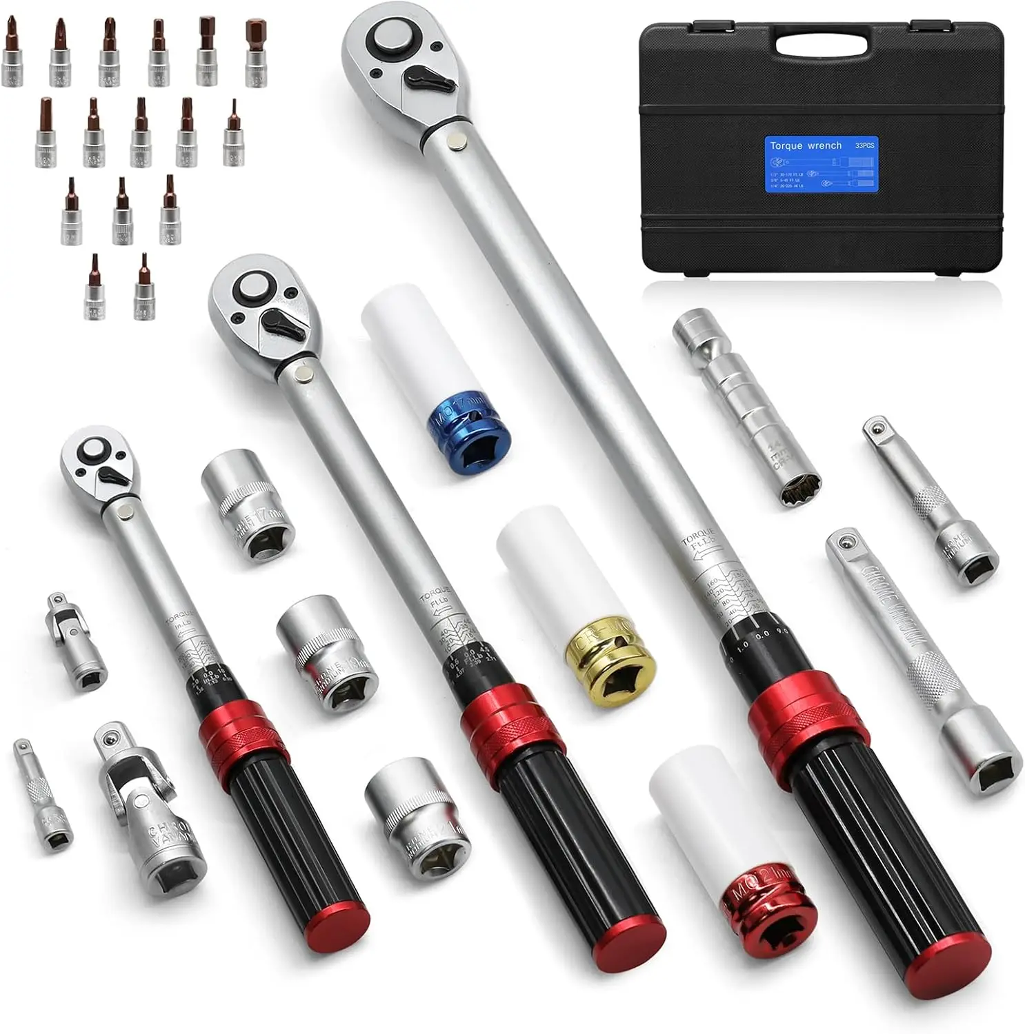 

32-Piece Torque Wrench Set with 1/4, 3/8, 1/2-inch Drives, Sockets & Adapters for Car, Motorcycle Repair