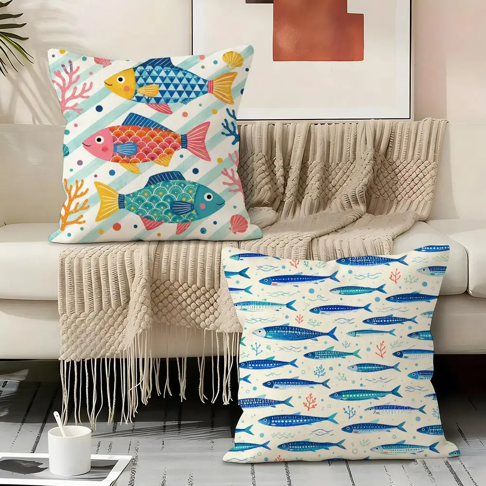 Coastal Ocean Fish Lobster Cushion Cover Soft Short Plush Throw Pillow Cover Decorative Cushion Case for Sofa Bedroom Home Decor