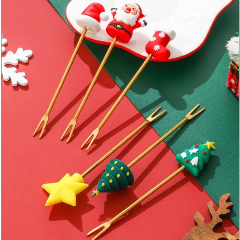 Creative Christmas Stainless Steel Fruit Fork Ins Style Cute Cartoon Series Fork for Holiday Table Decoration  Food Picks