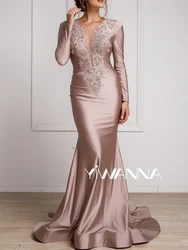 Abito per la madre della sposa con perline a maniche lunghe rosa, elegante abito da cerimonia nuziale con sirena in raso personalizzato, abiti da ballo per le donne