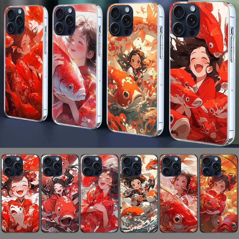 Red Lucky Koi Fish Girl Clear Case For Apple iPhone 12 13 Mini TPU 11 14+ 15 16 Pro Max Capa Plus XR X XS Max Phone Cover Silico