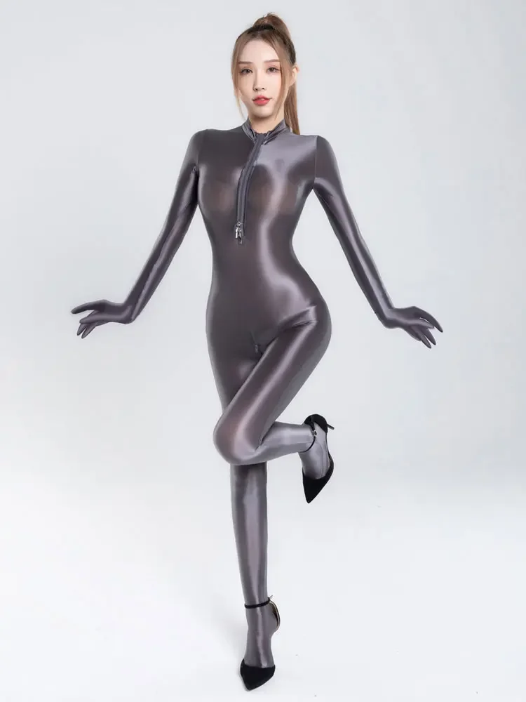 Sexy Full Body Long Sleeve Finger Gloves Elastic Bodysuits Shiny See Through One-Piece Thong Shaping Sexy Tight Rompers Jumpsuit