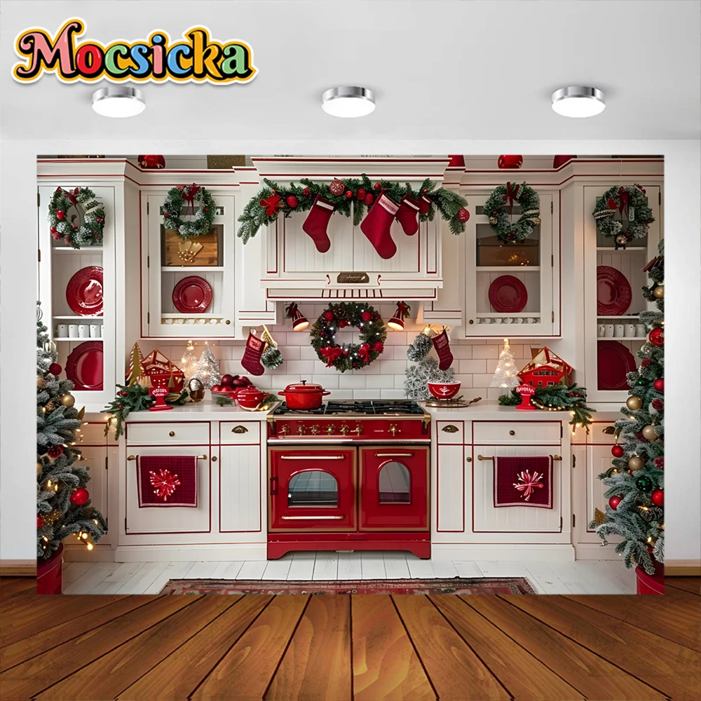 Mocsicka Christmas Kitchen Cabinets Photography Background Kid Children Portrait Party Decorations Backdrop Studio Banner