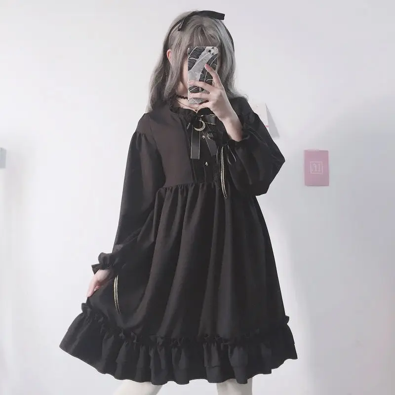 2024 New Cute Long Sleeve Loose Autumn New Bow Soft Sister Wind Belted Lolita Skirt Schoolgirl Fairy Dress