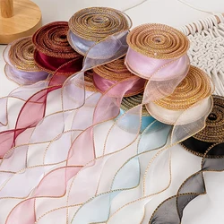 10 Yards/Roll Organza Ribbon with Golden Edge Fishtail Yarn for DIY Gift Wrapping Flower Wedding Bouquet Birthday Cake Decor