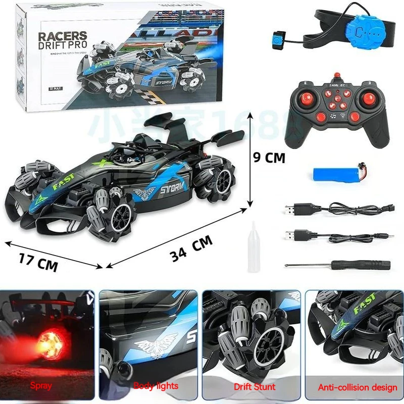 Dual Remote Control Off-Road Climbing Car 4WD RC Stunt Twist Car Gesture Sensor Watch Drift Atomizing RC Cars LED Light Kids Toy