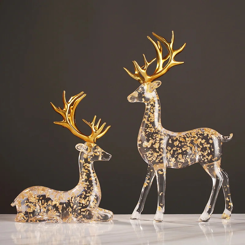 

Resin Handicraft Artificial Animal Sculpture Golden Deer Elk Transparent Gold Foil Ornament Home Decoration Accessories