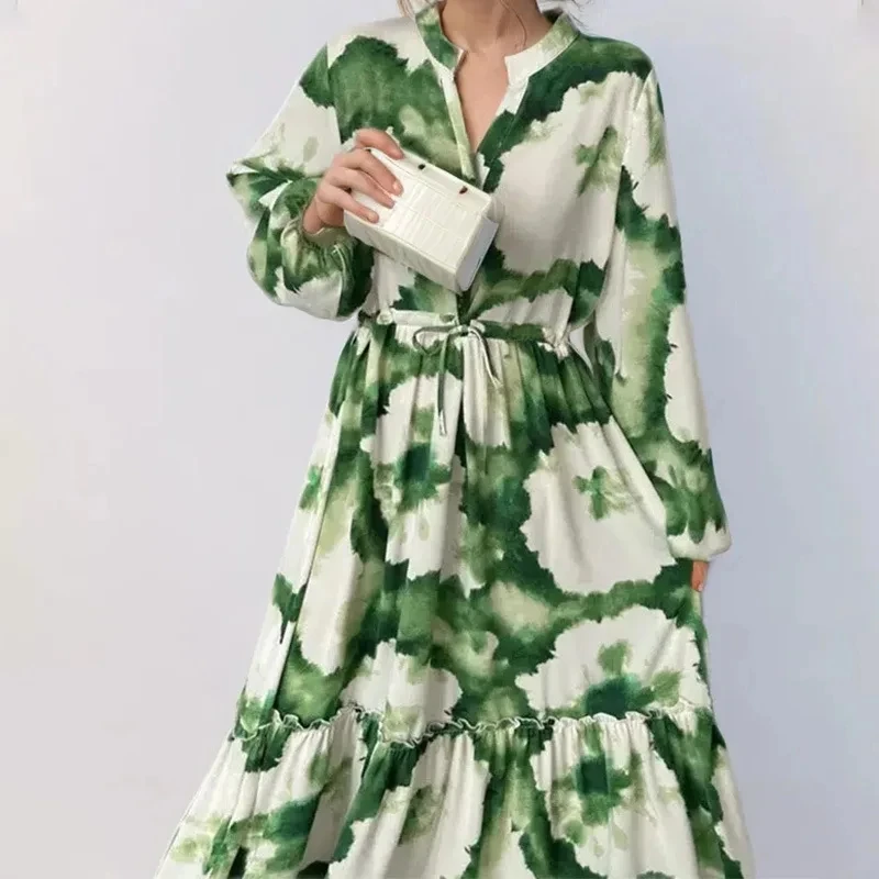

Women Green Printed Maxi Dresses 2026 New Fashion Long Sleeve V Neck Waist High Waist A- Line Dresses Female Party Vestido