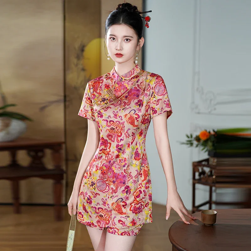 Modernes orientalisches Jacquard-Co-ord-Cheongsam-Set im luxuriösen chinesischen Stil, inspiriertes 2-teiliges Sommer-Set